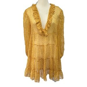 Sandro Paris Sheer Silk Tiered Polka Dot Dress Women 38 (8 US) Yellow Ruffle